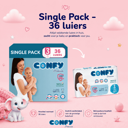 Confy Premium maat 3, Single Pack met 36 babyluiers voor 3-9kg