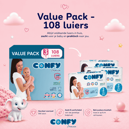 Confy Premium maat 3, Value Pack met 108 babyluiers voor 3-9kg