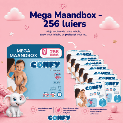 Confy Premium maat 4,Mega Maandbox met 256 babyluiers voor 7-14kg