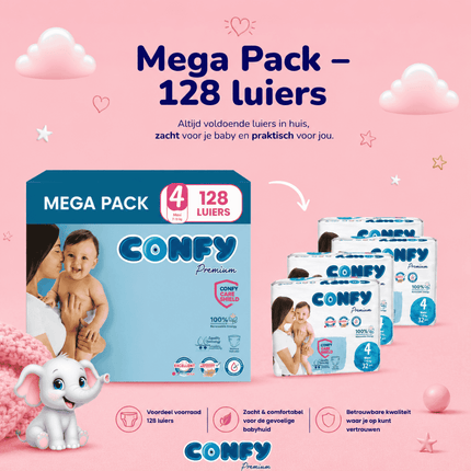 Confy Premium maat 4, Mega Pack met 128 babyluiers voor 7-14kg