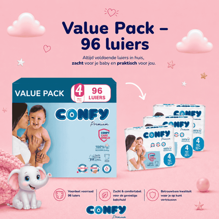 Confy Premium maat 4, Value Pack met 96 babyluiers voor 7-14kg