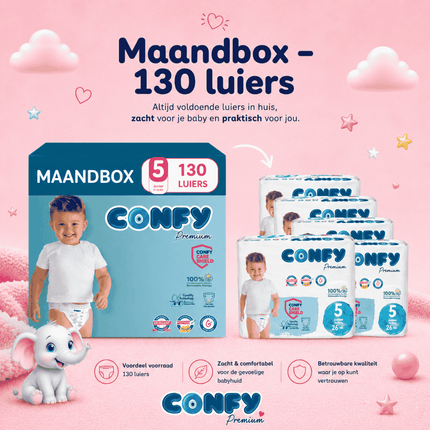Confy Premium maat 5, Maandbox met 130 babyluiers voor 11-18kg