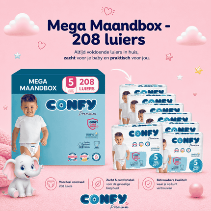 Confy Premium maat 5, Mega Maandbox met 208 babyluiers voor 11-18kg