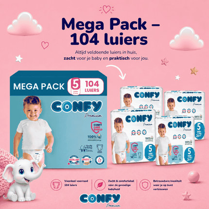 Confy Premium maat 5, Mega Pack met 104 babyluiers voor 11-18kg