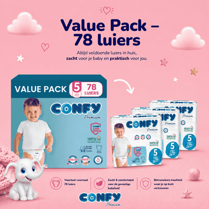 Confy Premium maat 5, Value Pack met 78 babyluiers voor 11-18kg