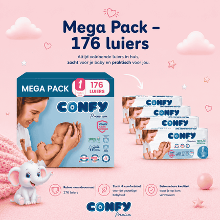 Confy Premium maat 1, Mega Pack met 176 babyluiers voor 2-5kg