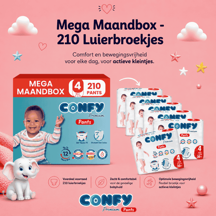 Confy Premium Pants maat 4, Mega Maandbox met 210 Luierbroekjes voor 9-14kg