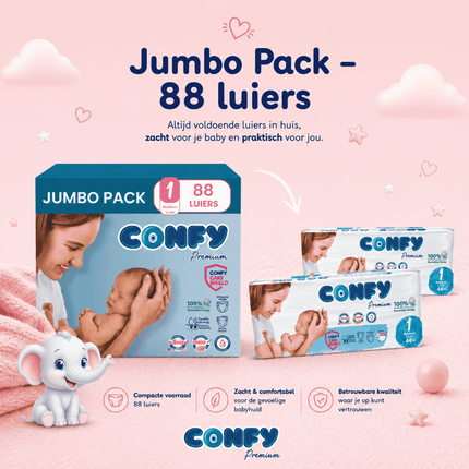 Confy Premium maat 1 Jumbo Pack met 88 babyluiers voor 2-5kg