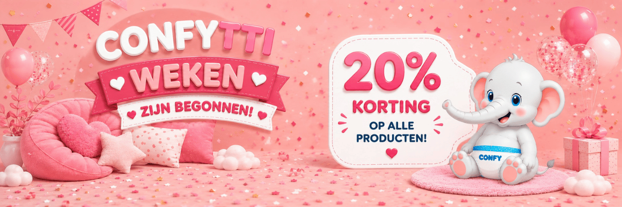 Feestelijke banner over de Confytti weken bij Confy Premium, met olifantje en sfeer