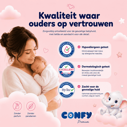 Confy Premium babyluiers met dermatologisch geteste bescherming en hypoallergene eigenschappen.
