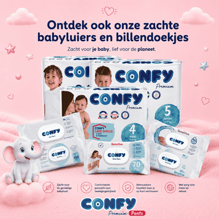 Confy Premium babyluiers en Sensitive babydoekjes voor zachte verzorging.