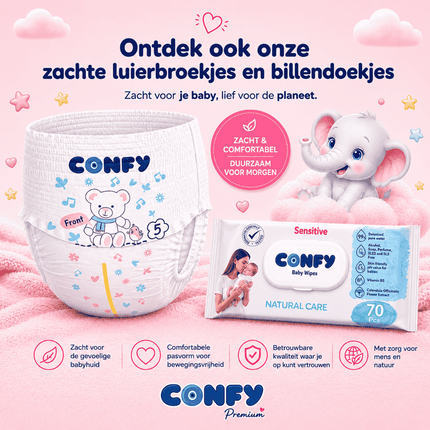 Confy Premium luierbroekjes en Sensitive babydoekjes voor zachte verzorging.