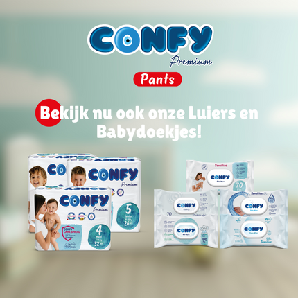 Confy Premium Pants luierbroekjes upsell naar luiers en babydoekjes op sfeer achtergrond